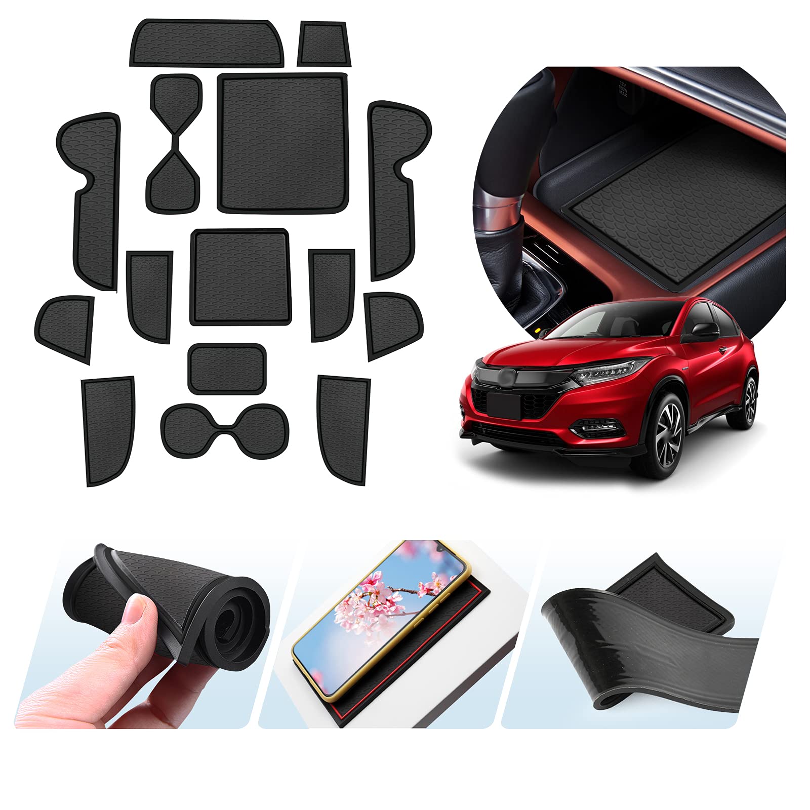 ZCLINKO Compatible With Honda HR-V 2022-2024 2025 Non-Slip Rubber Mats For Centre Console, Armrest Storage, Cup Holder, Non-Slip, Door Slot, Car Interior Accessories, Cushion Mat HRV Accessories (Red