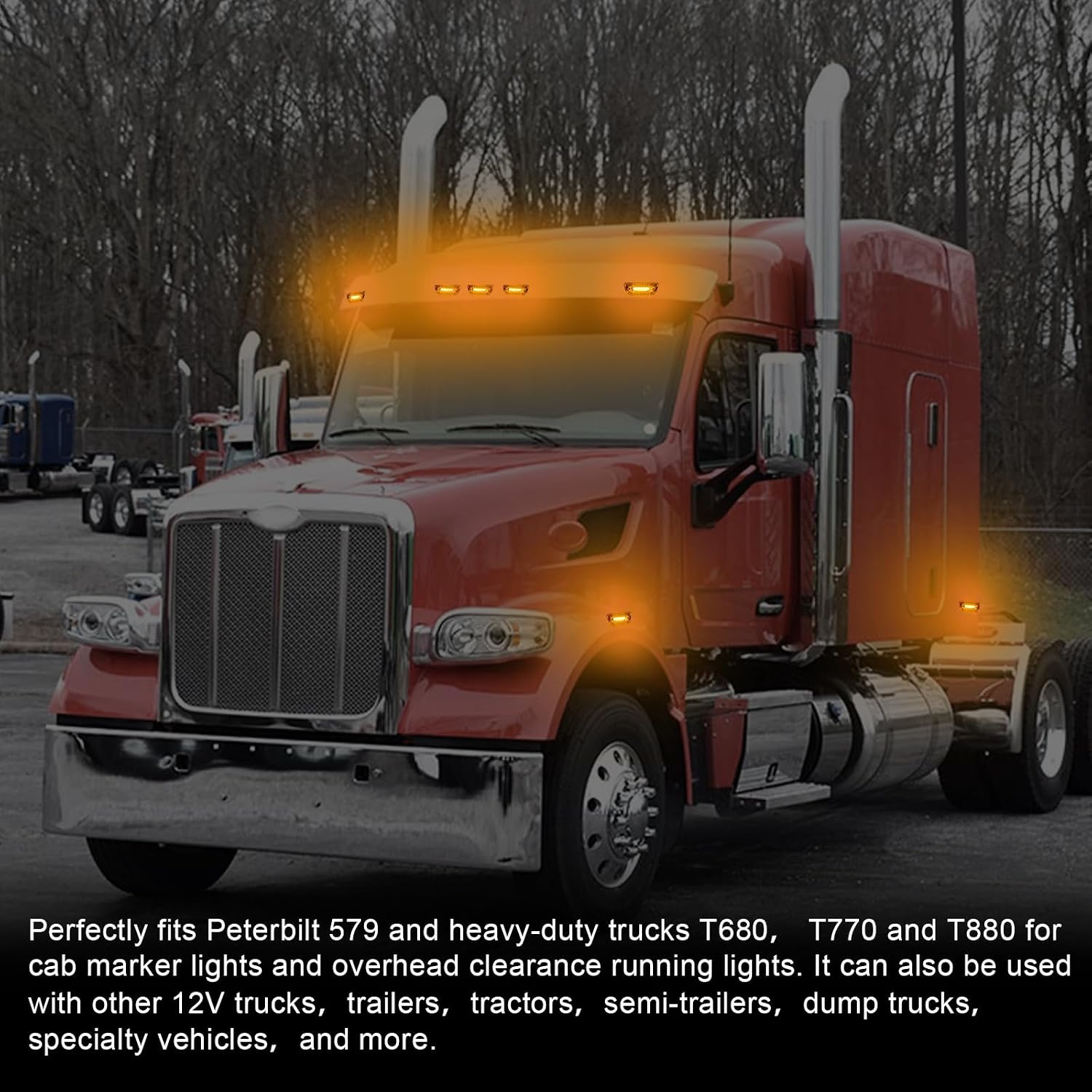 5PCS 9 LED Amber Cab Panel Lights Clear Lens Reflective Top Roof Running Marker Lights Replacement for Peterbilt 579 Kenworth T680 T770 T880 Heavy Duty Trucks