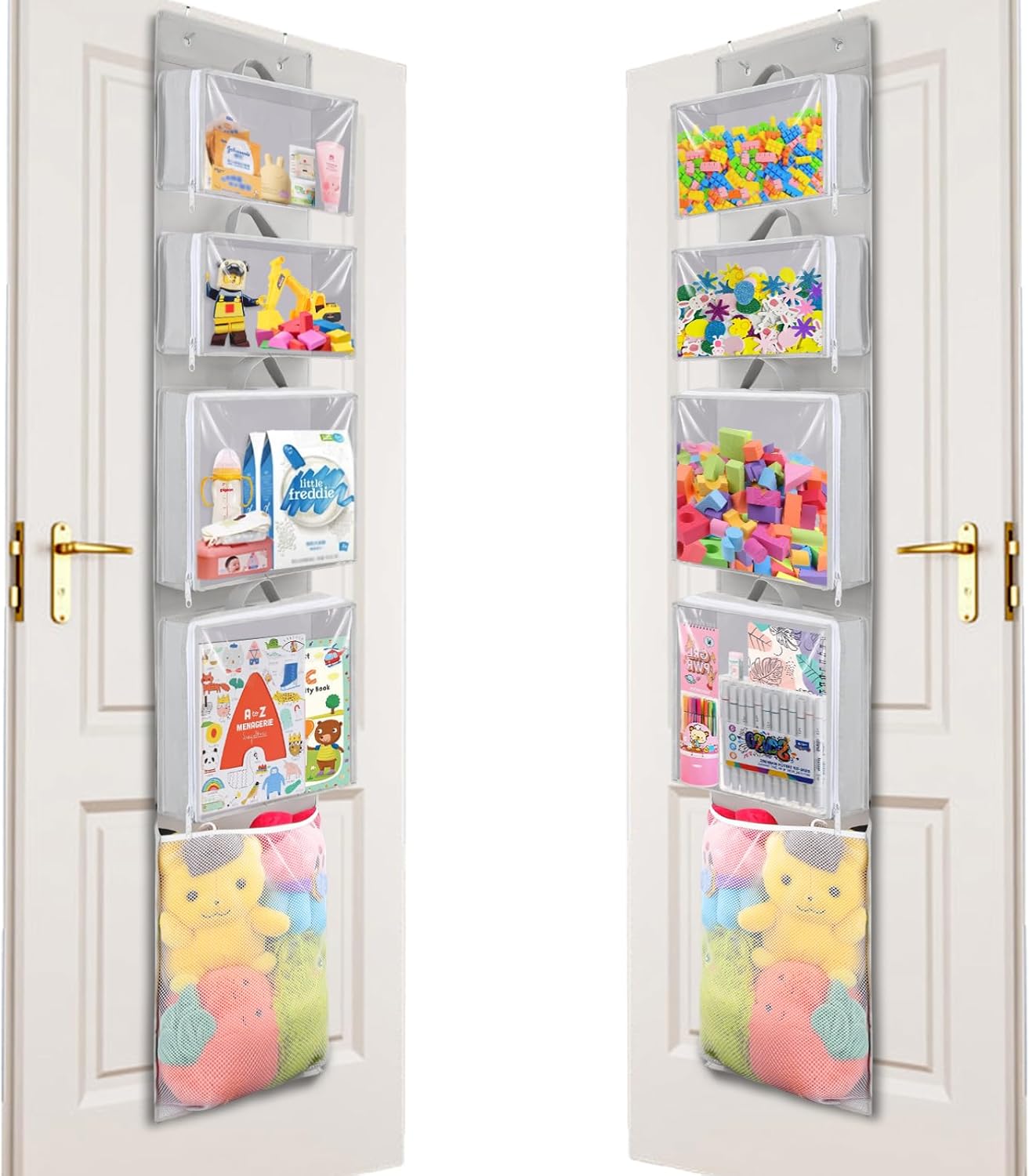 2PACK Hanging Toy Storage over Door, Block Stuffed Animal Organizer Idea with 4 Removable Case Bag, Bi-Fold Closet Holder with Mesh Pocket