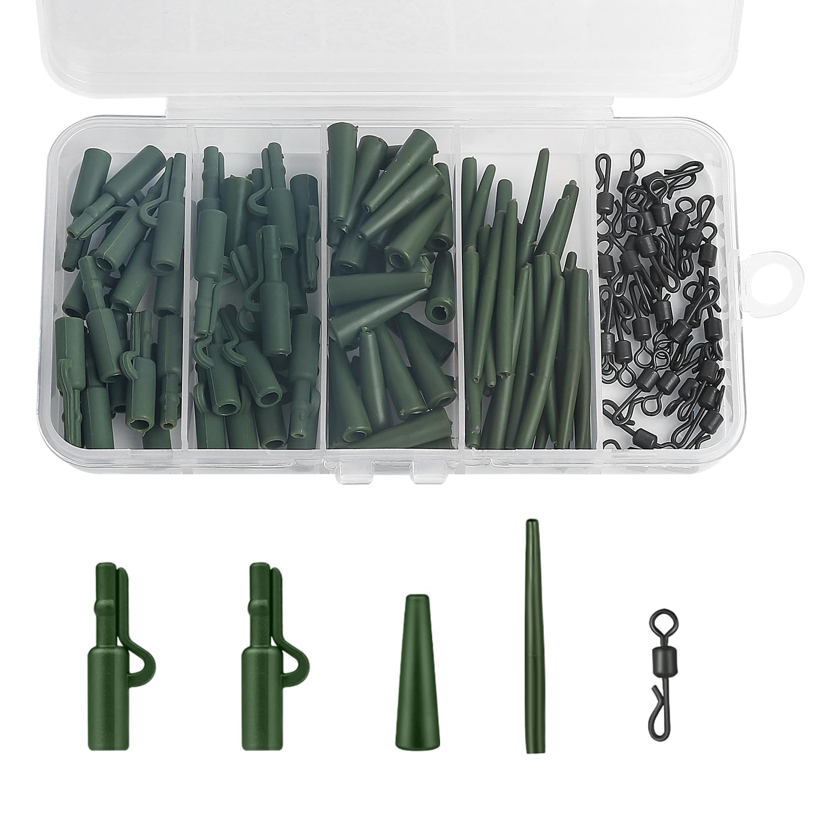 Realure 60/120 Pezzi Clip in Carpa Set di Accessori per La Pesca Alla Carpa Clip Antigroviglio Maniche Code di Gomma Girelle a Cambio Rapido Piccoli Pesi, Alimentatore (Nero)