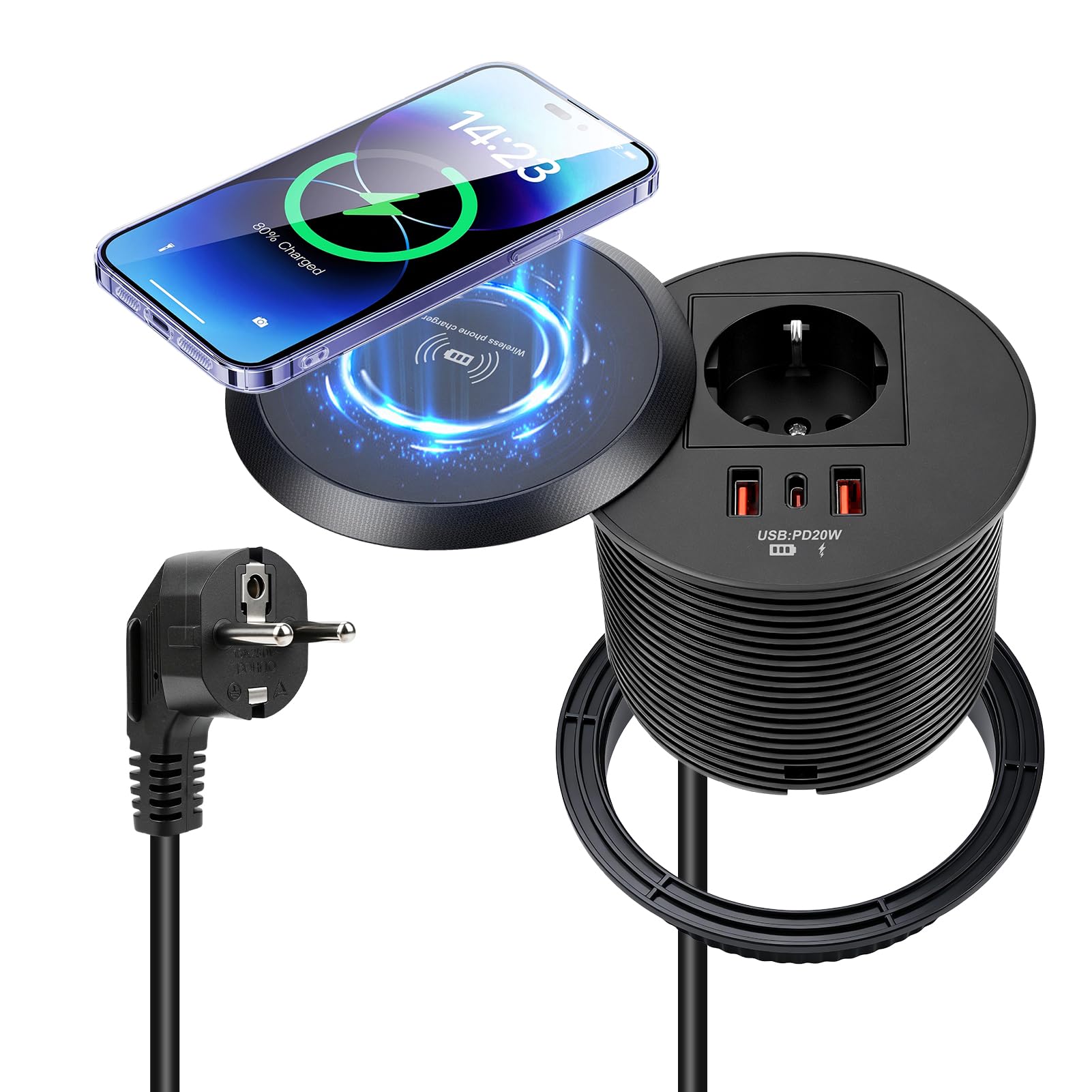 Gniazdo wtykowe do zabudowy z USB-C PD 20 W/15 W Qi ładowanie / 1,8 m do kuchni, na biurko