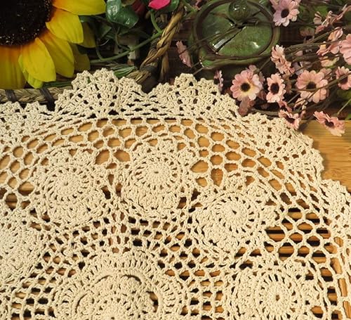 Vista 19 de Damanni Mantel de encaje de ganchillo hecho a mano de algodón beige para mesa, redondo, 23 pulgadas, 2