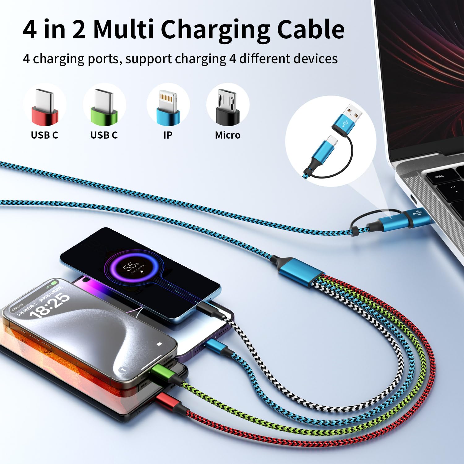 Cable de carga USB A + USB C 4 en 1, (2 unidades de 5 pies) cables de carga universales para todos los dispositivos, adaptador de cable USB universal, 2 puertos USB-C/IP/micro para teléfonos celulares