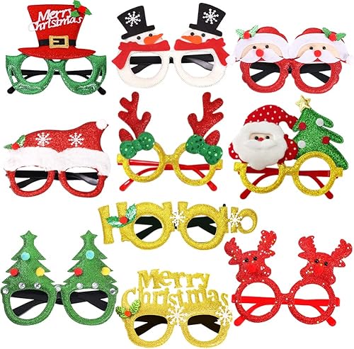 UMEELR 10 marcos de gafas de Navidad con purpurina para fiestas, decoración de Navidad, gafas de disfraz para vacaciones, regalos de fiesta de