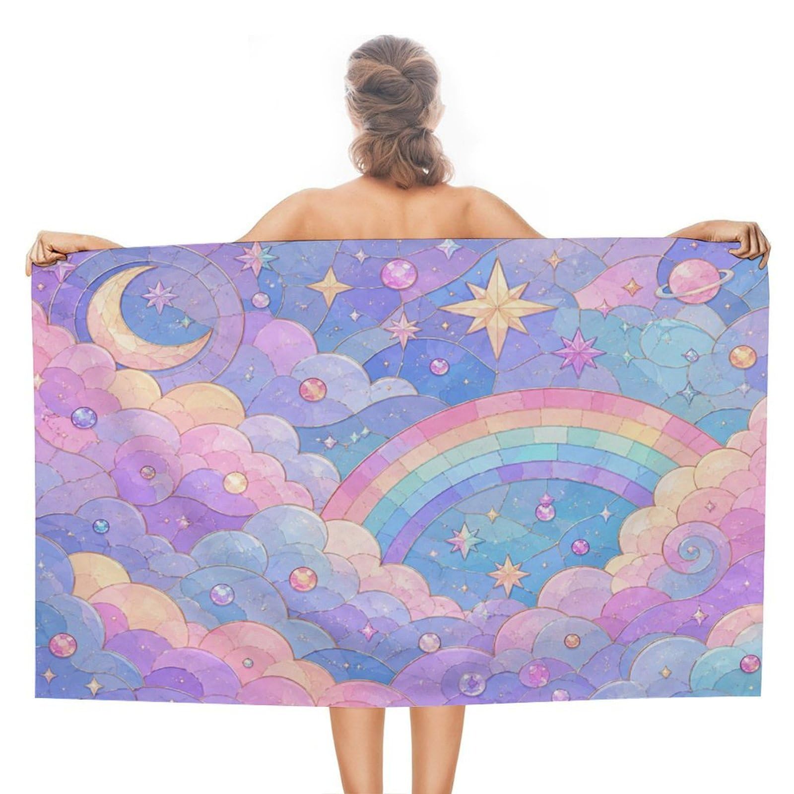 Anceky Pastel Sky Rainbow Clouds Stars Moon Oversized Beach Towel Quick Dry Sand Free Microfiber Travel Towel Lightweight Multi Purpose Beach Blanket Pool Gym Bath Towel 51x31 in