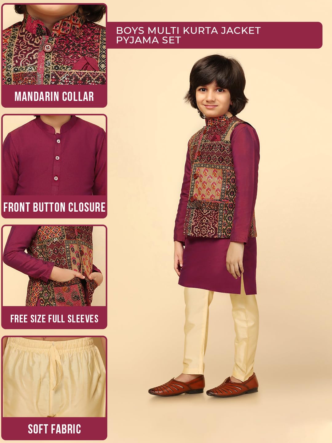 Kisah Boys Kurta Jacket Set Silk Blend Printed Regular Fit Kurta Nehru Jacket Pajama Set For Kids, Multi, 7-8 Years