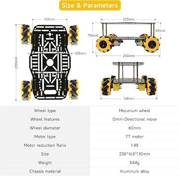 Mecanum Robot Chassis Car Kit with 360 Omnidirectional Wheel, Aluminum Alloy Frame, 60mm Omnidirectional Wheels, TT Motor, Robotic Moving Platform for DIY Education Robot