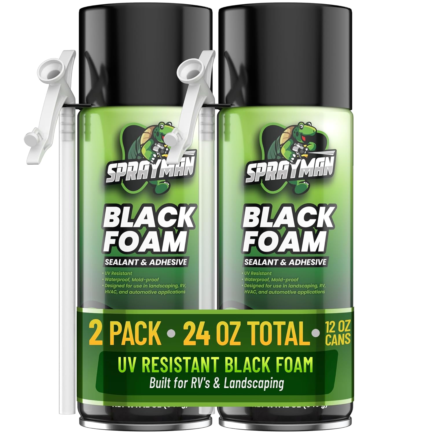 Sprayman Black Waterfall Foam Sealant - (12x12oz) Expanding Polyurethane Pond Foam Sealer, UV Resistant, Water Proof Spray for Landscape & Exterior, Straw Use, 12 Pack
