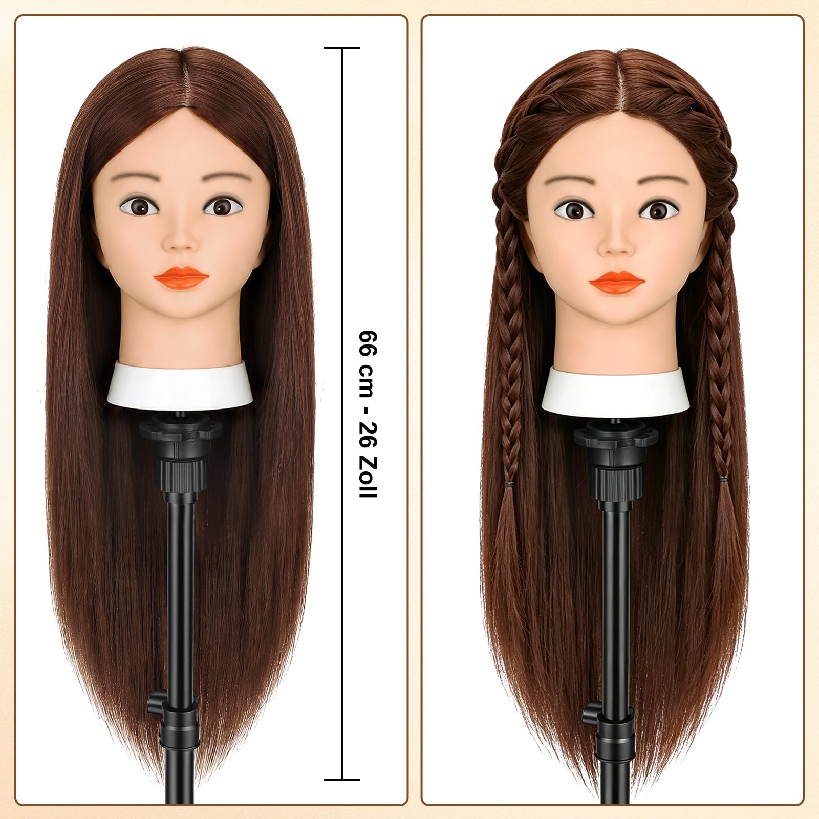TwoWin Friseurkopf mit Haaren 26 Zoll 66 cm 80% Echthaar Mannequin Kopf Trainingskopf für Styling Friseurpraxis Dunkel Braun