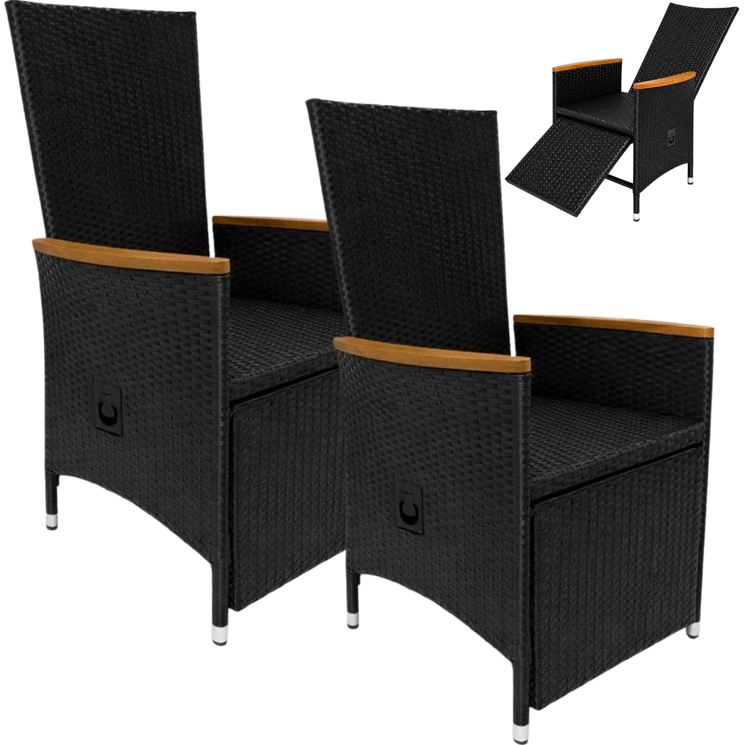 CASARIA® Rattan Garden Chairs, Set of 2, Reclining Chairs, Foot and Backrest, Adjustable Armrest, Acacia Wood, Weatherproof, Garden, Balcony, Patio, Black
