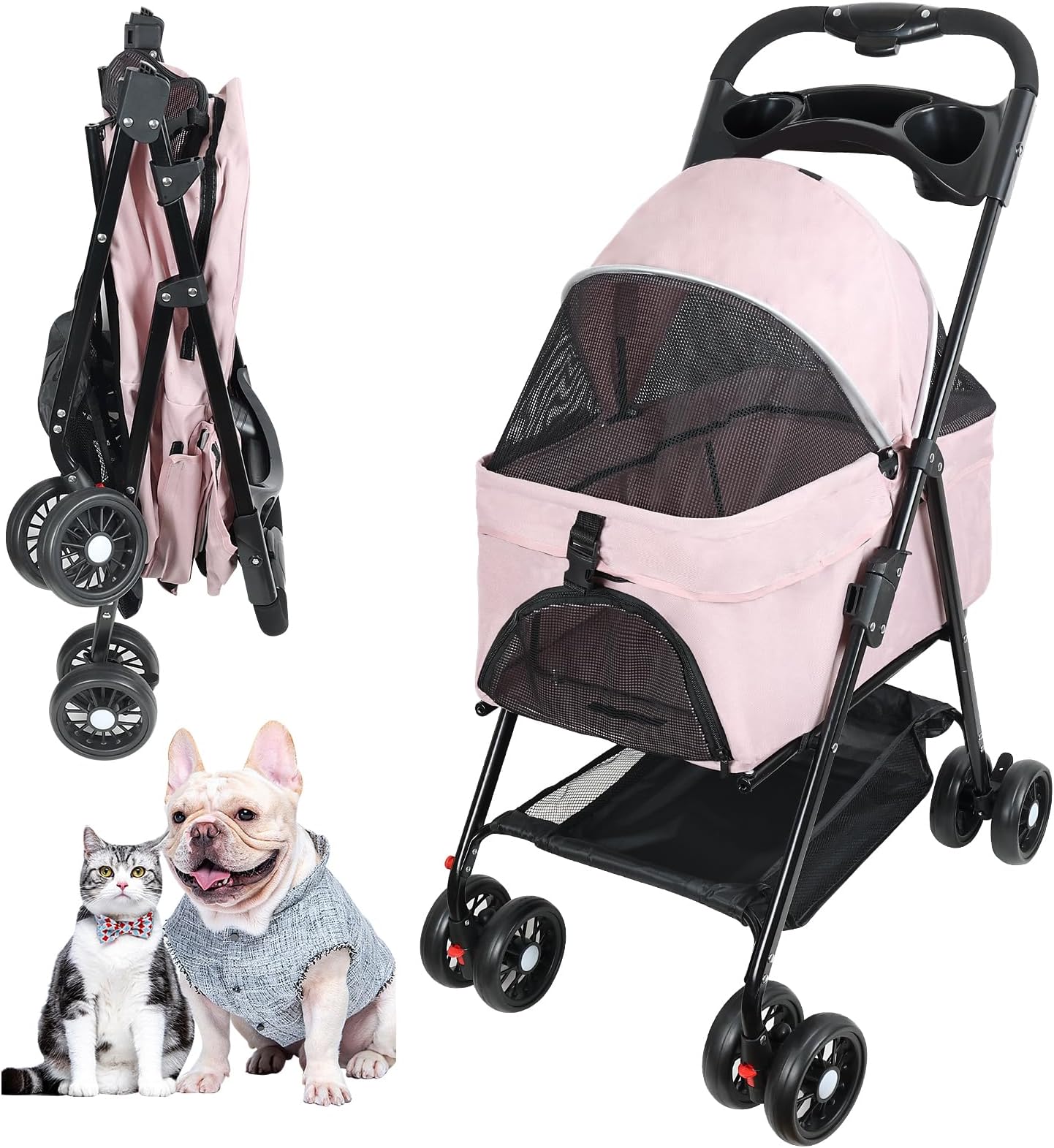 Medium Pet Stroller for Dogs Up to 30lbs, One-Hand Folding, Two-Way Canopy, 4 Wheels for Medium/Small Dogs and Cats, with Cup Holder.(Pink)