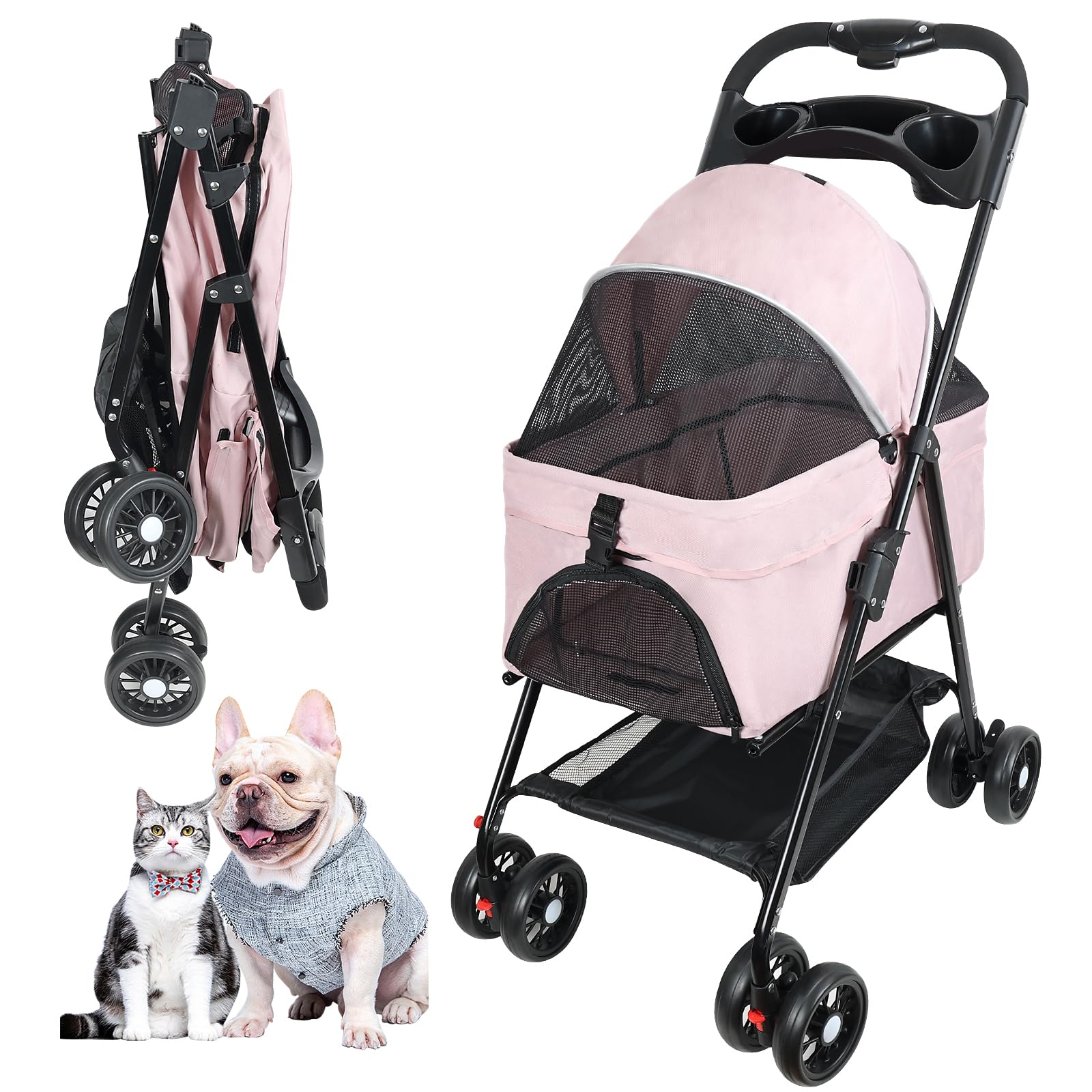 Medium Pet Stroller for Dogs Up to 30lbs, One-Hand Folding, Two-Way Canopy, 4 Wheels for Medium/Small Dogs and Cats, with Cup Holder.(Pink)