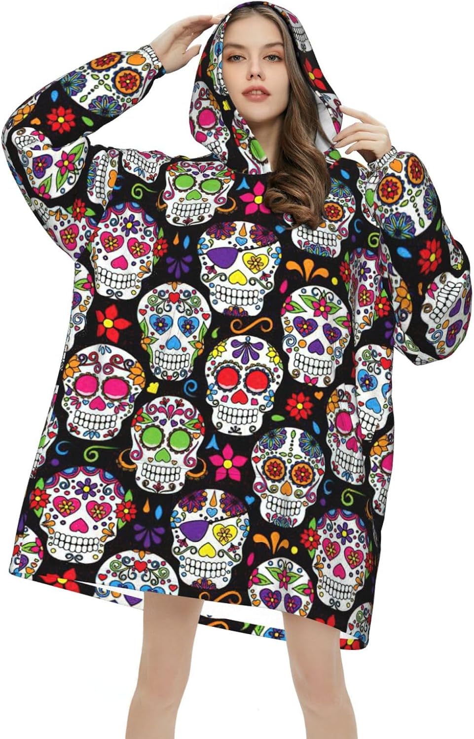 Colorful Flower Skullsprint Oversized Hoodie Blanket, Super Soft Warm Comfortable Hoodie, Wearable Blanket Adult