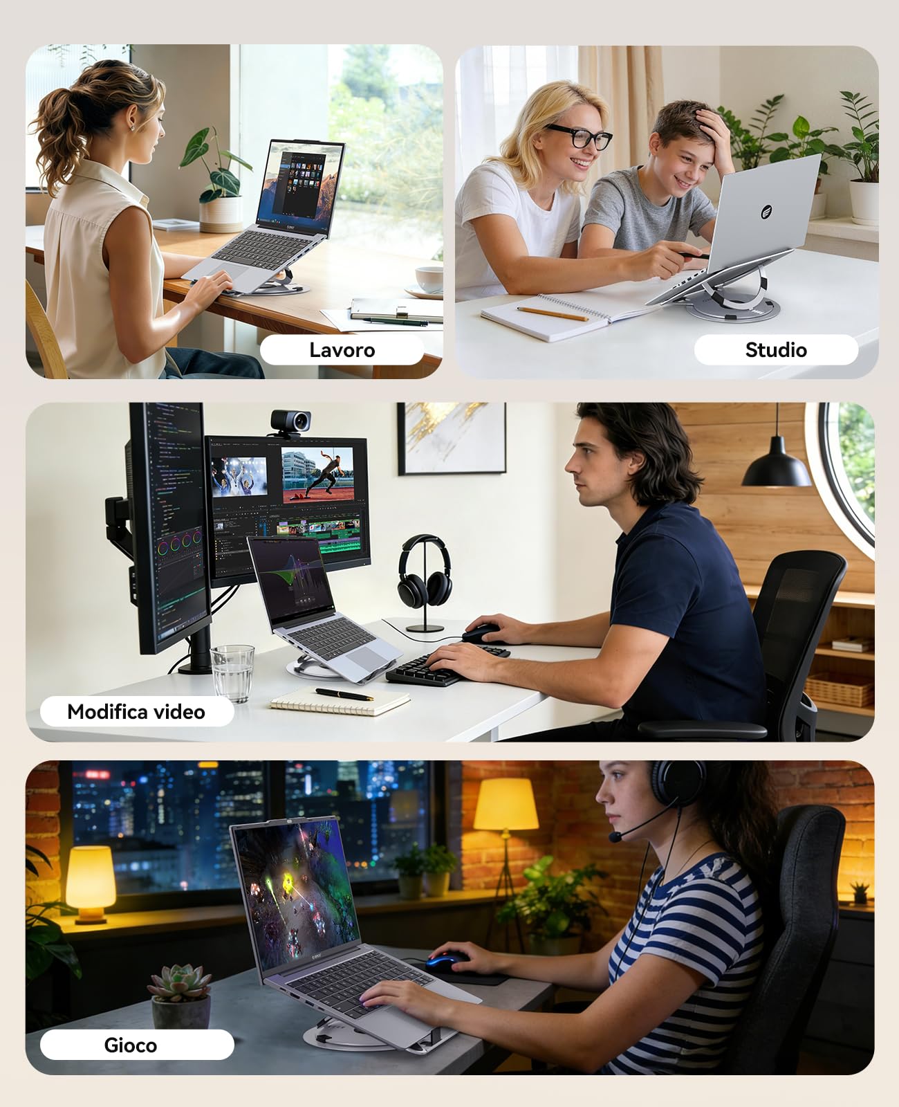 ORICO Supporto PC Portatile Regolabile, Laptop Stand Ventilato con Base Girevole a 360°, Supporto Laptop Ergonomico Pieghevole per Scrivania, Compatibile con Notebook da 10-17" - NS1, Argento