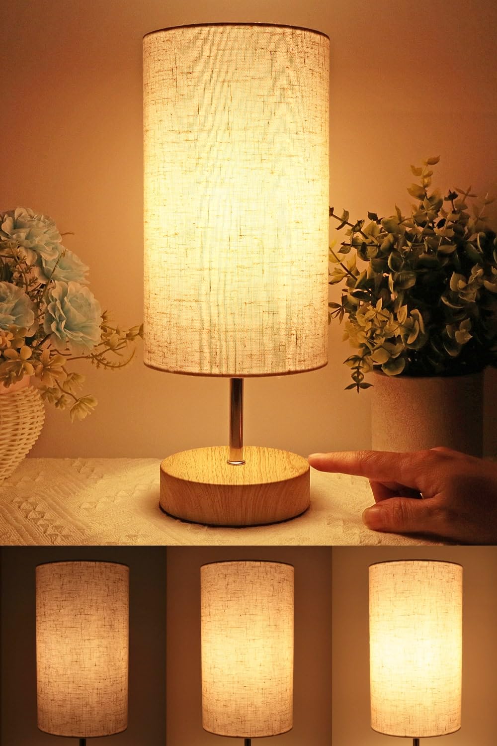 HSLighting Nachttischlampe Touch Dimmbar, 34.5cm Tischlampe mit Kabel Glühbirne 3 Helligkeitsstufen Einstellbar Tischleuchte für Weihnachten Nachttisch Schlafzimmer Wohnzimmem Lesen Geschenk