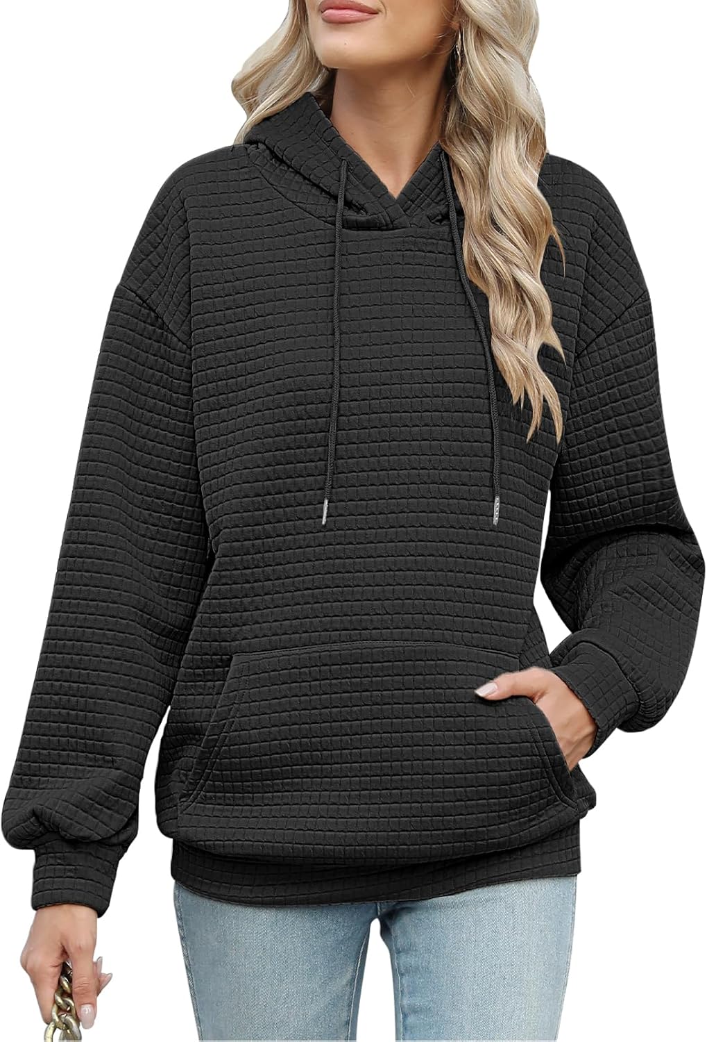 Vijamiy Women’s Hoodies Casual Sweatshirt Waffle Fleece Warm Hoodie Ladies Long Sleeve Jumper Tops Autumn Winter Loose Hooded Drawstring Pullover with Pockets