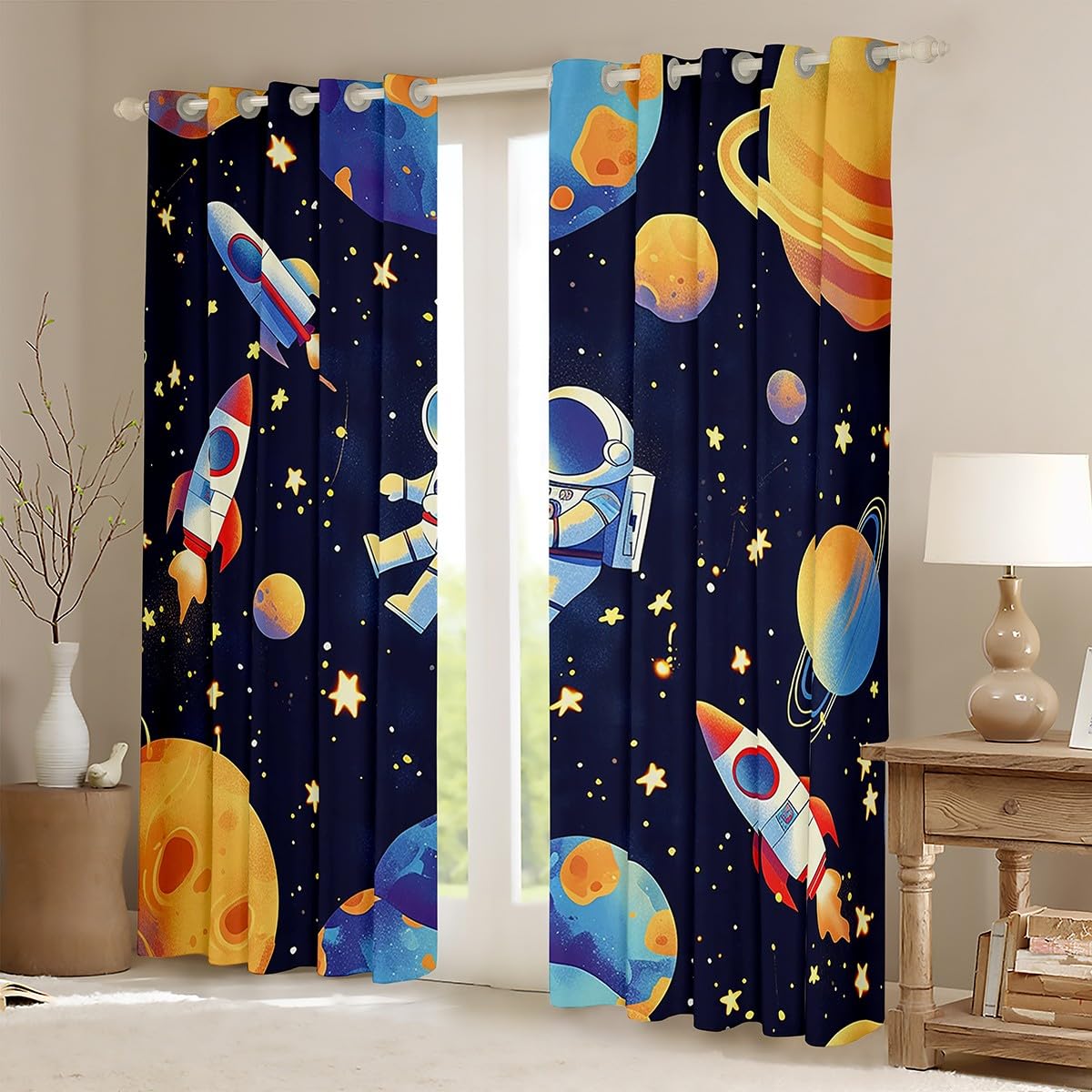 Homemissing Cosmonaut Spaceman Curtains (2 Panels,W52*L63) For Bedroom Kids Boys Teens Space Rocket Print Window Curtains Universe Planets 30%-50% Blackout Curtains Outer Space Window Treatments Decor - Image 2