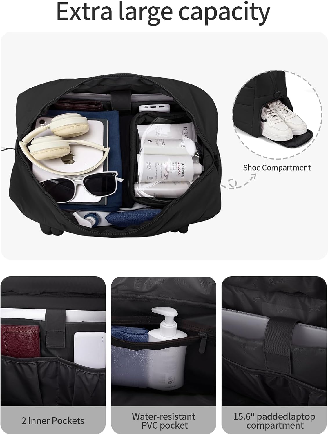 Gitus Carry On Duffle Gym Bag for Women Puffer Weekender Overnight Duffel Bag for Travel with Clear Toiletry Pouch Sport Yoga Fitness Essentials Gifts (Black) - Image 6