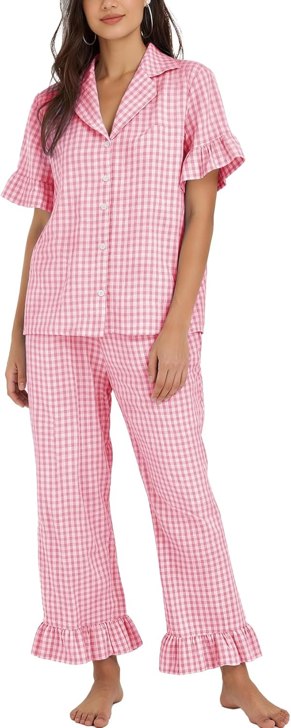 Flygo Womens Plaid Pajamas Sets 2 Piece Cotton Pj Set Ruffled Sleeve Button Down Shirt Gingham Pants Lounge Sets