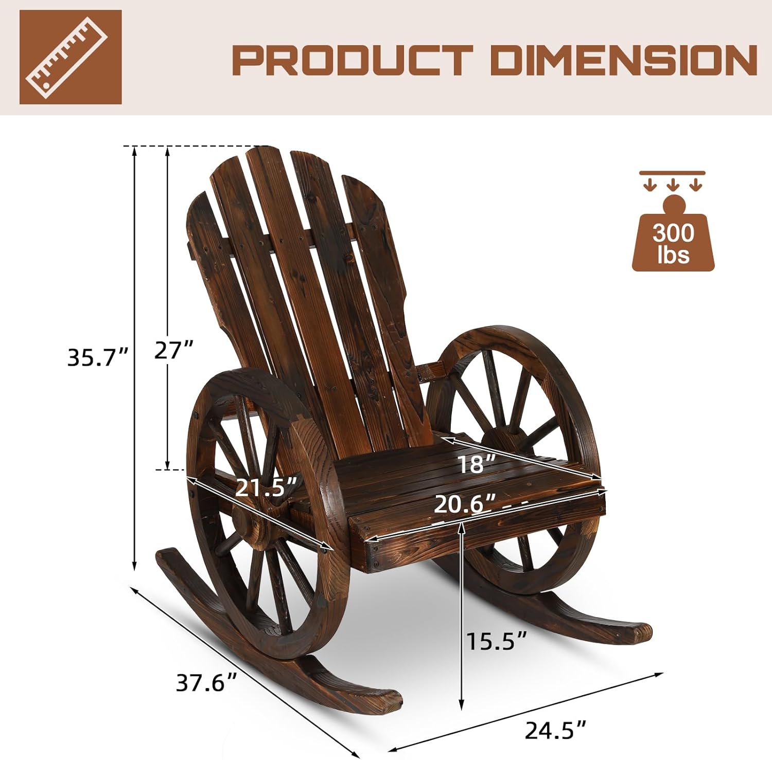 HOMEDIARY Outdoor Wood Wagon Rocking Chair, Adirondack Rocker Chair w/Slatted Design and Oversized Back, Carbonized Patio Lounge Chairs Rustic Rocker with Wheel Armrest for Garden Patio Backyard Porch