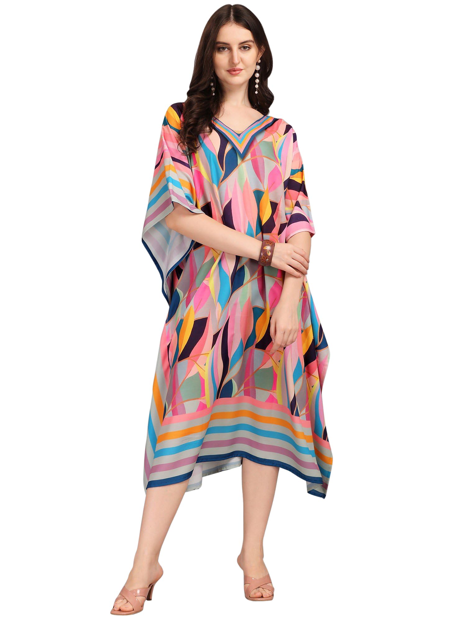 Tri-Color Rayon Kaftan with Printed Stripes and Leaves Lightweight Summer Dress, Beachwear Outfit for Women's-image-42