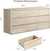 Vista 2 de GarveeHome Cómoda de 9 cajones para dormitorio, cómoda ancha y moderna, cómoda grande de madera para almacenamiento de madera para sala de estar