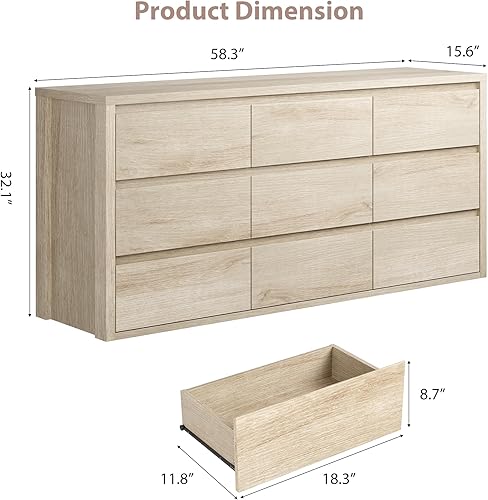 Miniatura 2 de GarveeHome Cómoda de 9 cajones para dormitorio, cómoda ancha y moderna, cómoda grande de madera para almacenamiento de madera para sala de estar,