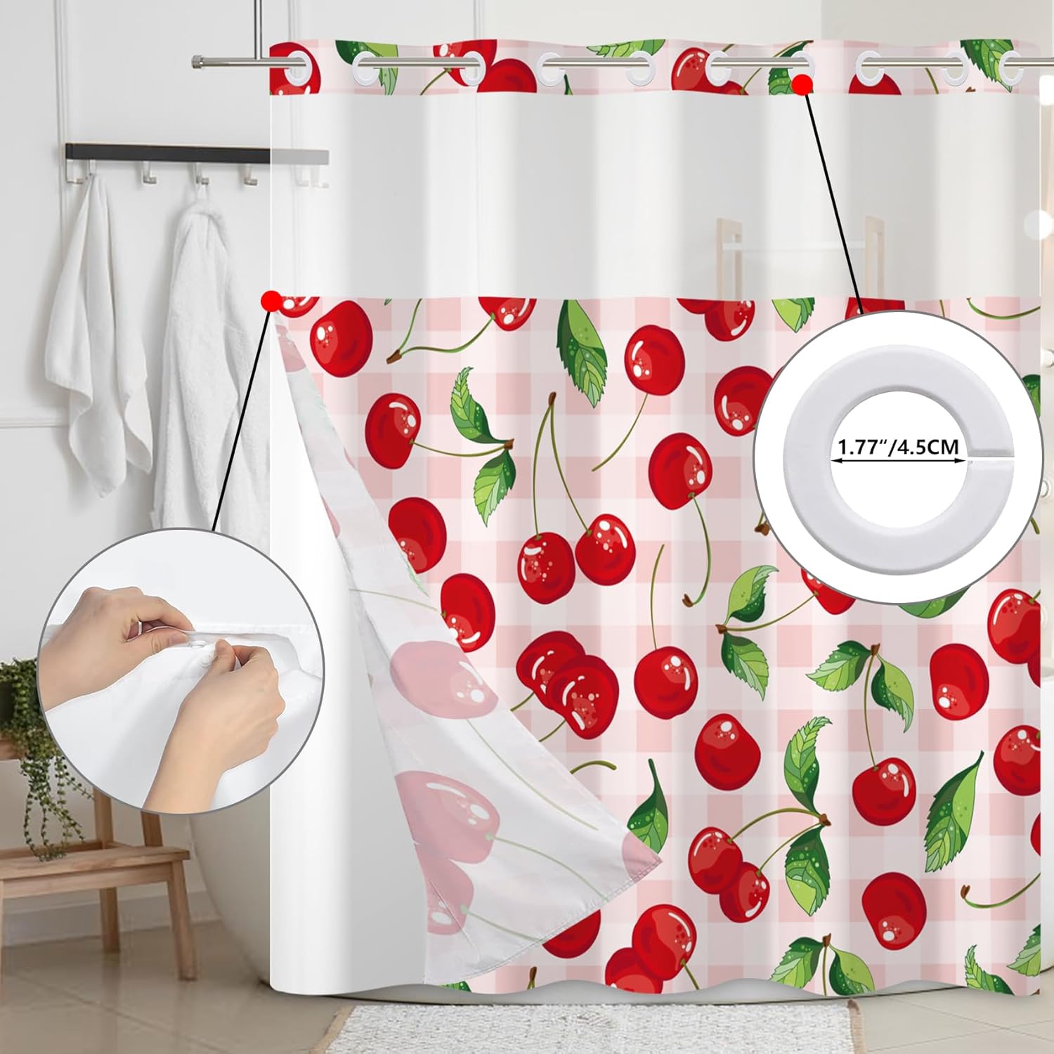 Baocicco No Hook Cherry Shower Curtain with Snap in Fabric Liner Set Pink Cherry Double Layer Bathtubs Hotel Curtain Set Buffalo Plaid See Through Top Window Open Grommet Bath Curtain 71x83 Inch