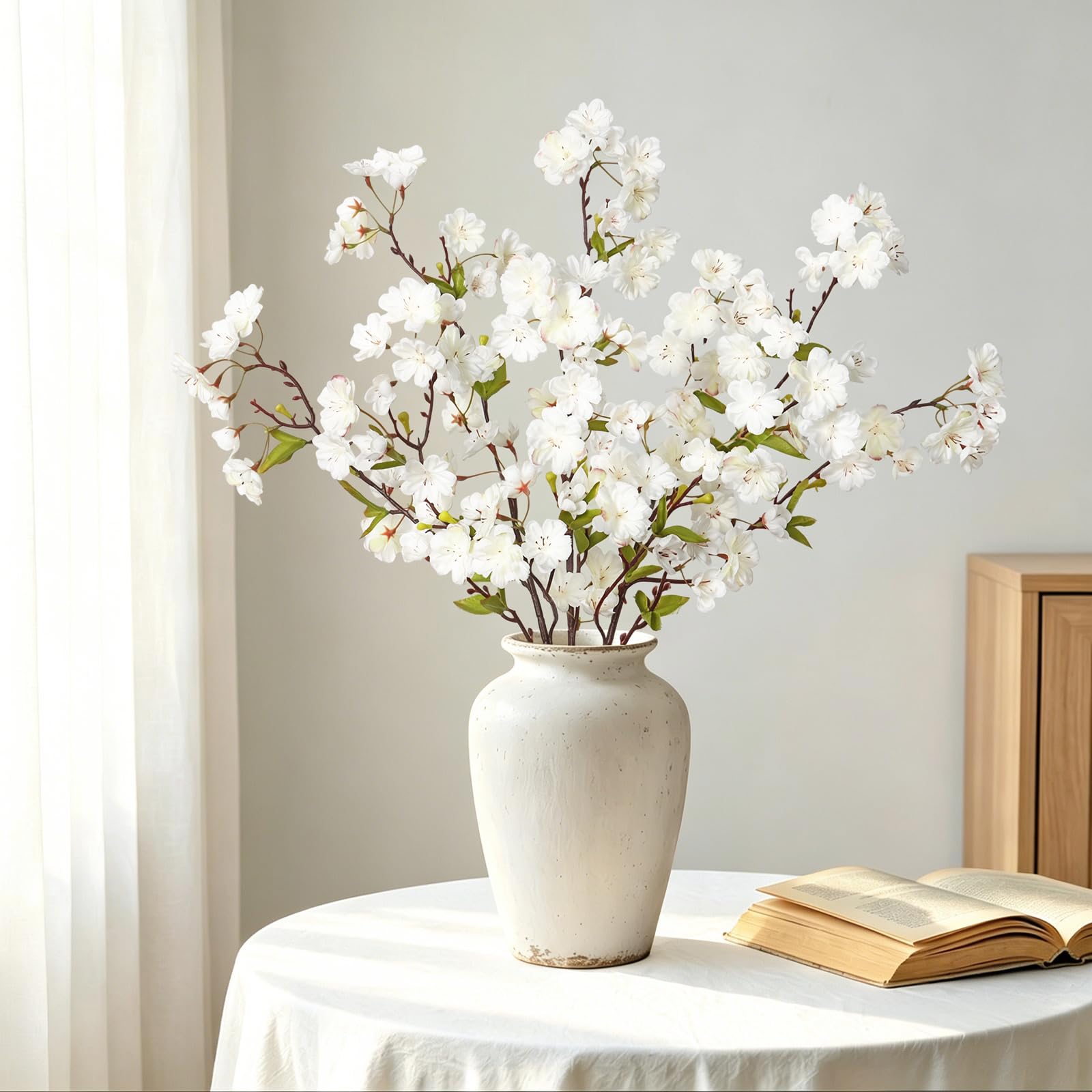 SOMYTING 3 Pcs Artificial Flowers 90cm, Cherry Blossoms Branches (White)