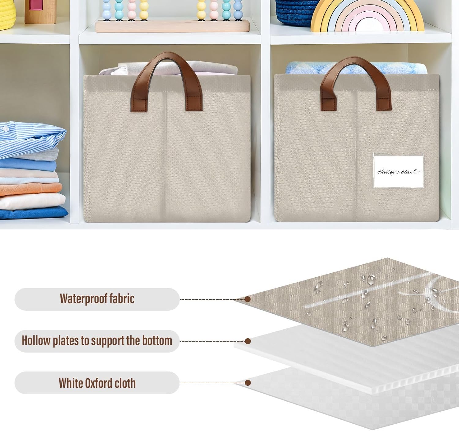Custom Cream 2 Pack Fabric Storage Bins for Shelves Personalized Cube Storage Bin Basket Storage Cubes with Handle Under The Bed Storage Bins for Closet Clothes Home Office