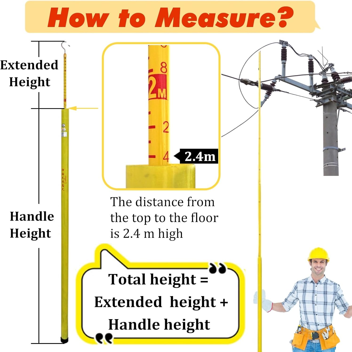 Telescopic Survey Measuring Rod, Lightweight Insulated Height Stick for Lineman & Construction, 35kV-500kV Voltage, 59ft/18m with Carrying Bag (Yellow)