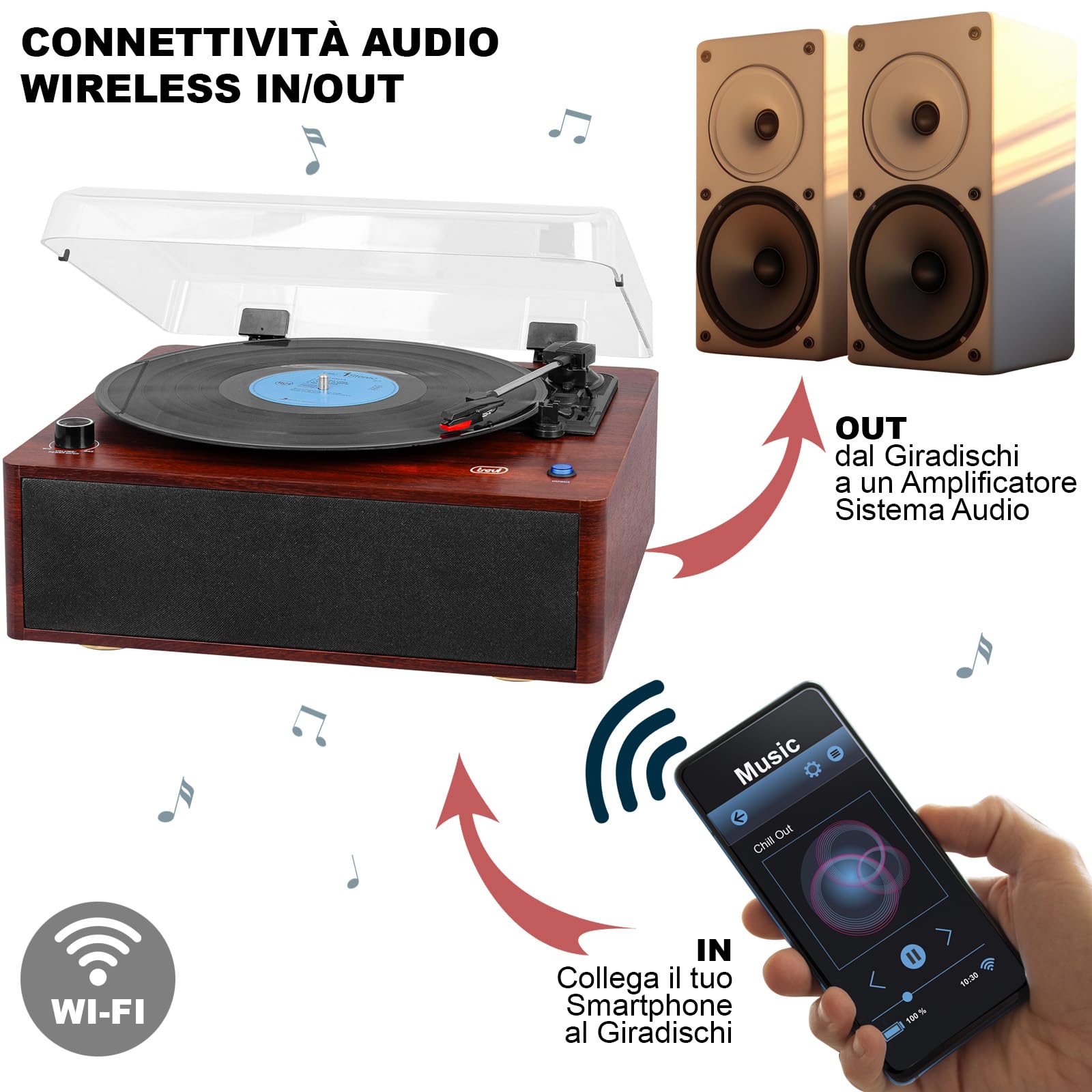 Trevi TT 1030 BT Giradischi con Mobile in Legno, Connessione Audio Wireless Entrata/Uscita, Lettore Vinili 33/45/78 Giri, Uscita RCA, Altoparlanti Incorporati