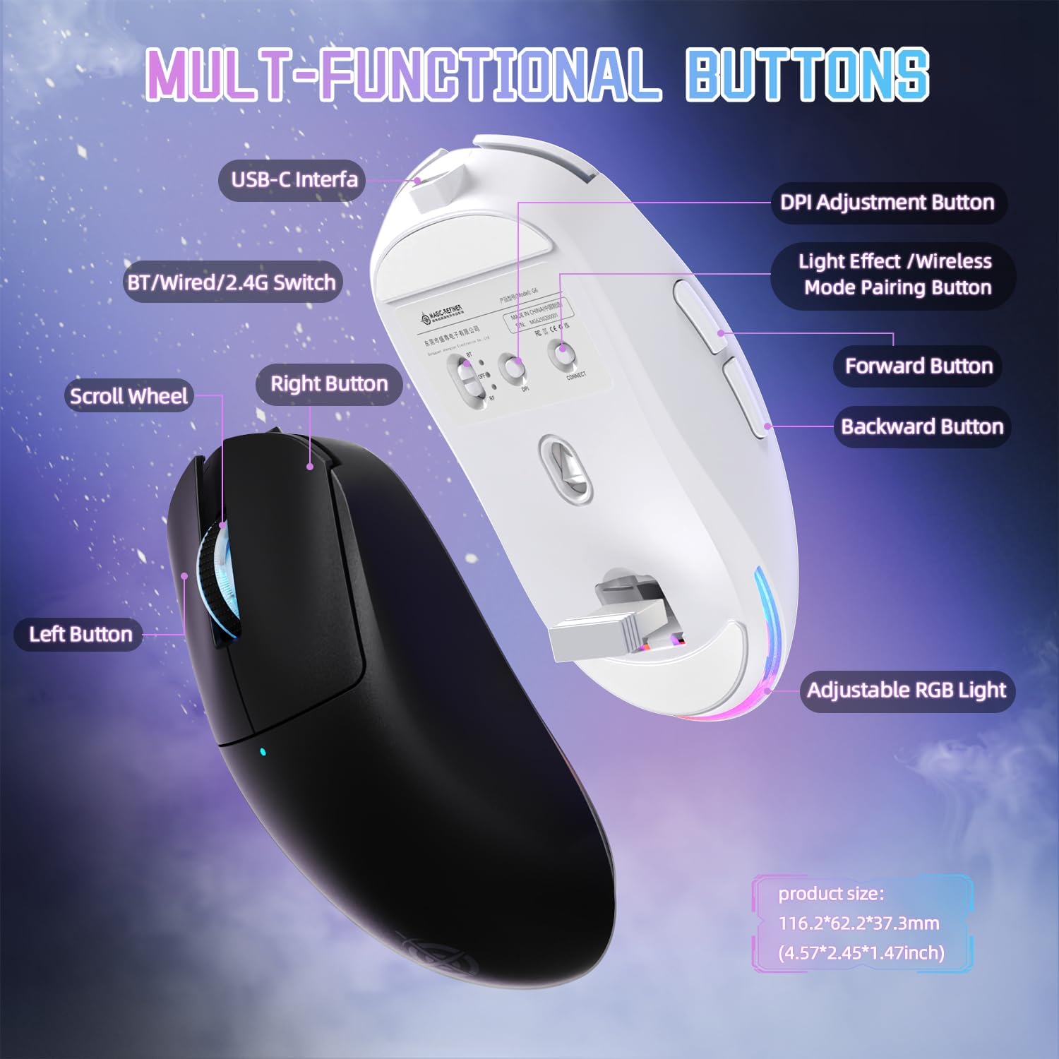 MAGIC-REFINER G6 Wireless Gaming Mouse,24000 DPI Adjustable,72g Lightweight Mouse,1000Hz Polling Rate,Tir-Mode BT/2.4G/ Wired Gaming Mouse,750mAh Battery,with Grip Tape for Gamer/Office/PC/Mac,Black