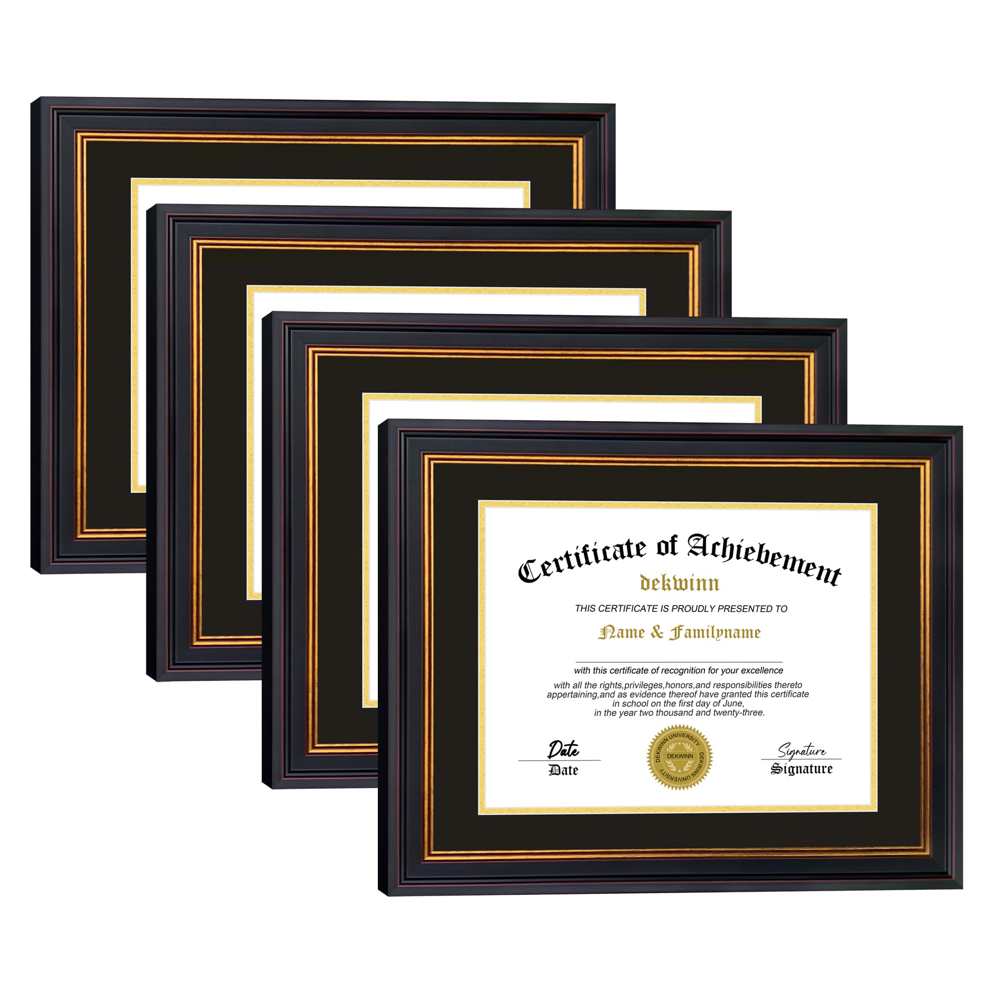 Diploma Frames 8.5x11 with Mat or 11x14 certificate without Mat,Set of 4 Document Frame with Real Glass,Black Gold &amp; Burgundy Molding(Black/Gold Double Mat)