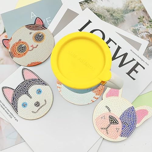 Miniatura 6 de FineGood Juego de 10 posavasos de pintura de diamantes para perros y gatos, bonitos posavasos de pintura de diamante con soporte, posavasos de