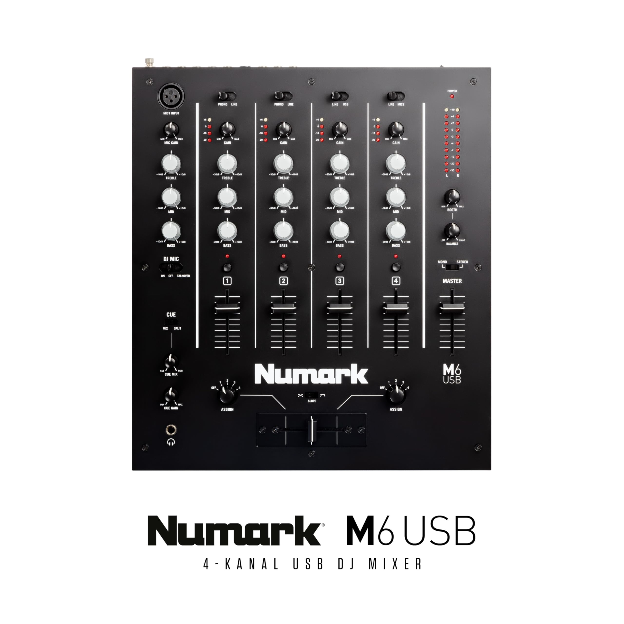 Numark M6 USB - 4-Kanal DJ-Mixer mit integriertem Audio Interface, 3-Band EQ, Mikrofoneingang und austauschbarem Crossfader mit Slope-Kontrolle