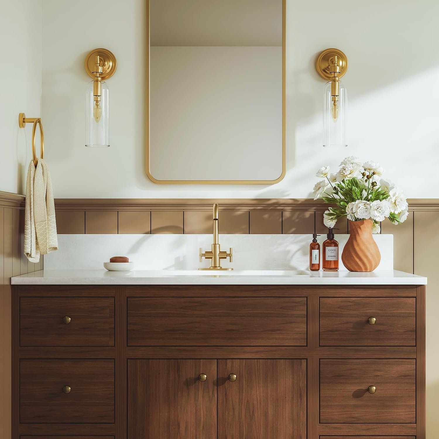 Phiestina Brushed Gold Bathroom Sink Faucet, 4 Inch Single Hole or 3 Hole Centerset Vanity Faucet, with Swivel 360 Degree Spout, Pop Up Drain and Water Supply Line, SGF0310-BG