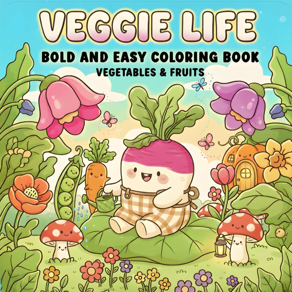 Veggie Life Bold and Easy Coloring Book for Adults and Teens: 50 Cozy Vegetables and Fruits for Relaxation, Mindful Coloring & Stress Relief