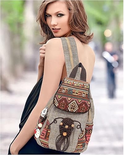 Vista 7 de HUANGGUOSHU Bolso tipo mochila para mujer, estilo bohemio, pequeño, convertible, con diseño tejido y hongo, para mujer hippie, Marrón, Mochilas