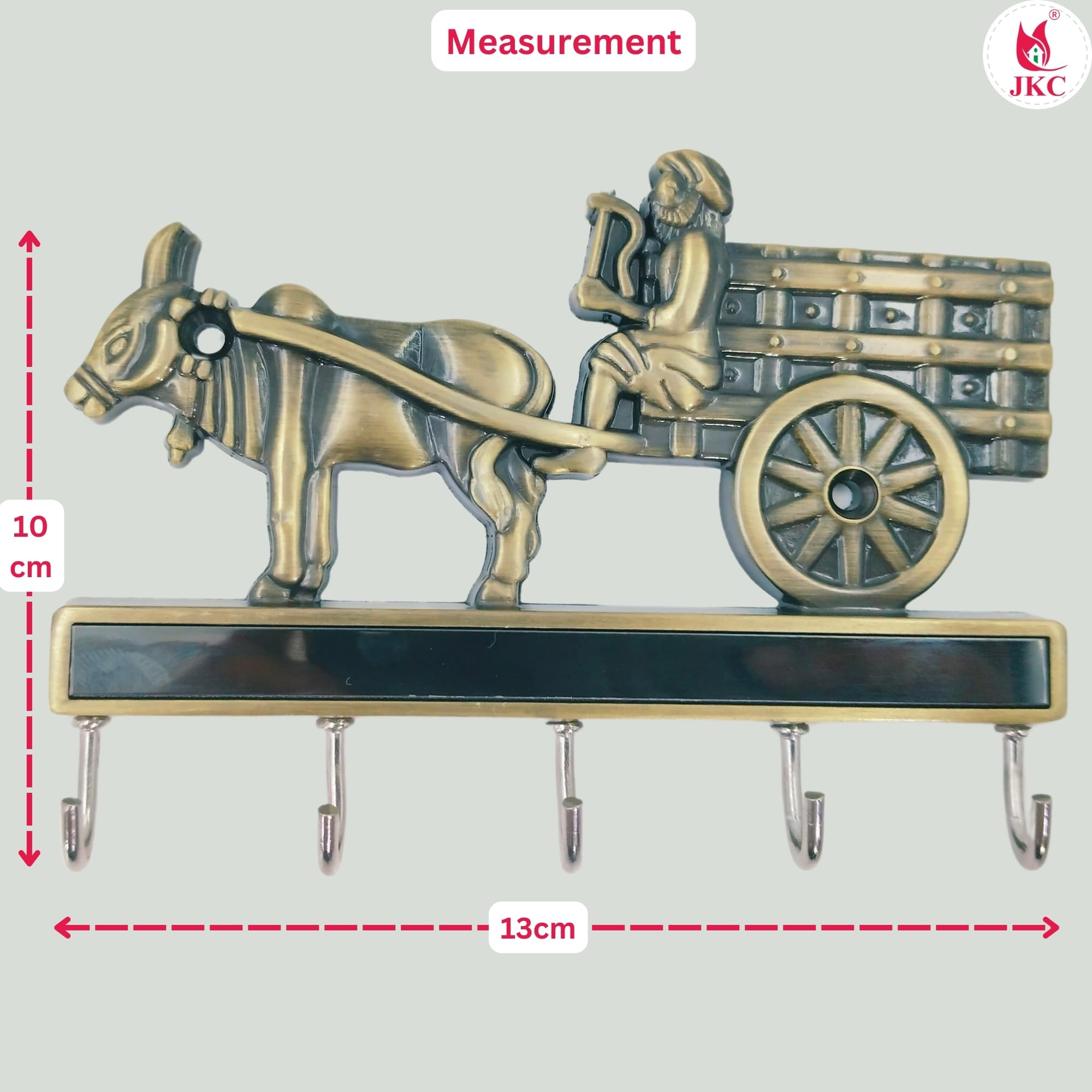 JKC Antique Brass Key Stand, Bullock Cart Theme, 5 Hooks, Wall Mount, Zinc Material, Perfect Key Holder & Home Decor