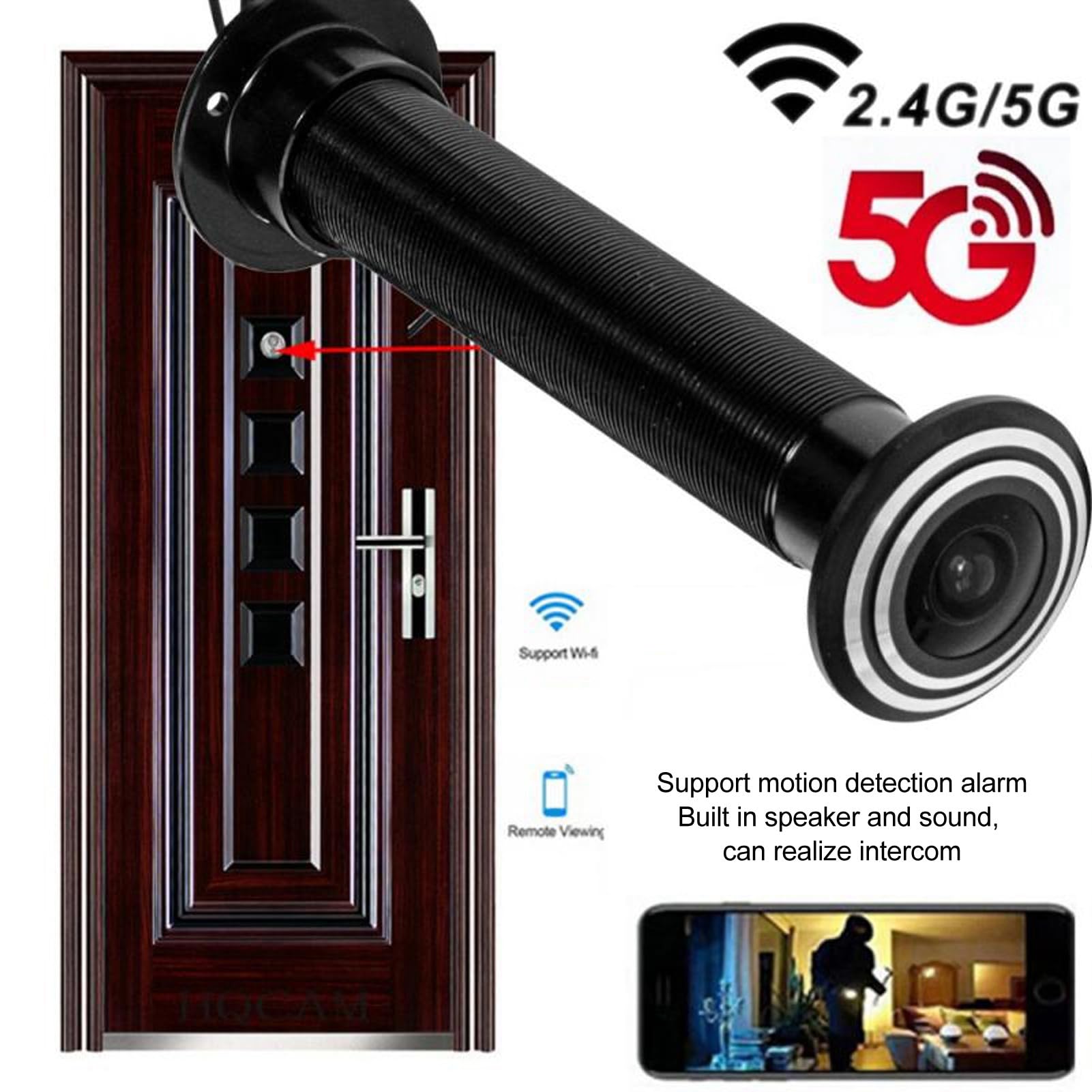 Spioncino per Porta da 170 Gradi, 2MP Grandangolo 5G Dual Band WiFi Controllo APP Obiettivo da 1,6 Mm Telecamera IP 1080P HD con Foro per Porta per la Sicurezza Domestica (Spina