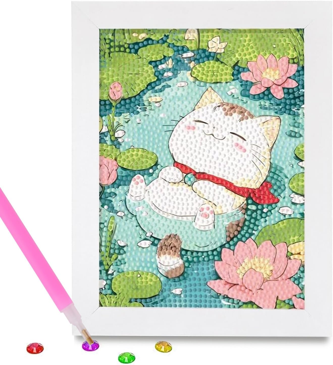 PERFECTSIGHT Cute 5D Diamond Art Kits with Wooden Frame, Kawaii DIY Painting Art for Adults Teen, Diamond Arts and Crafts Sets, Big Gem Full Drill Diamond Dots for Home Wall Decor (Pool Cat)
