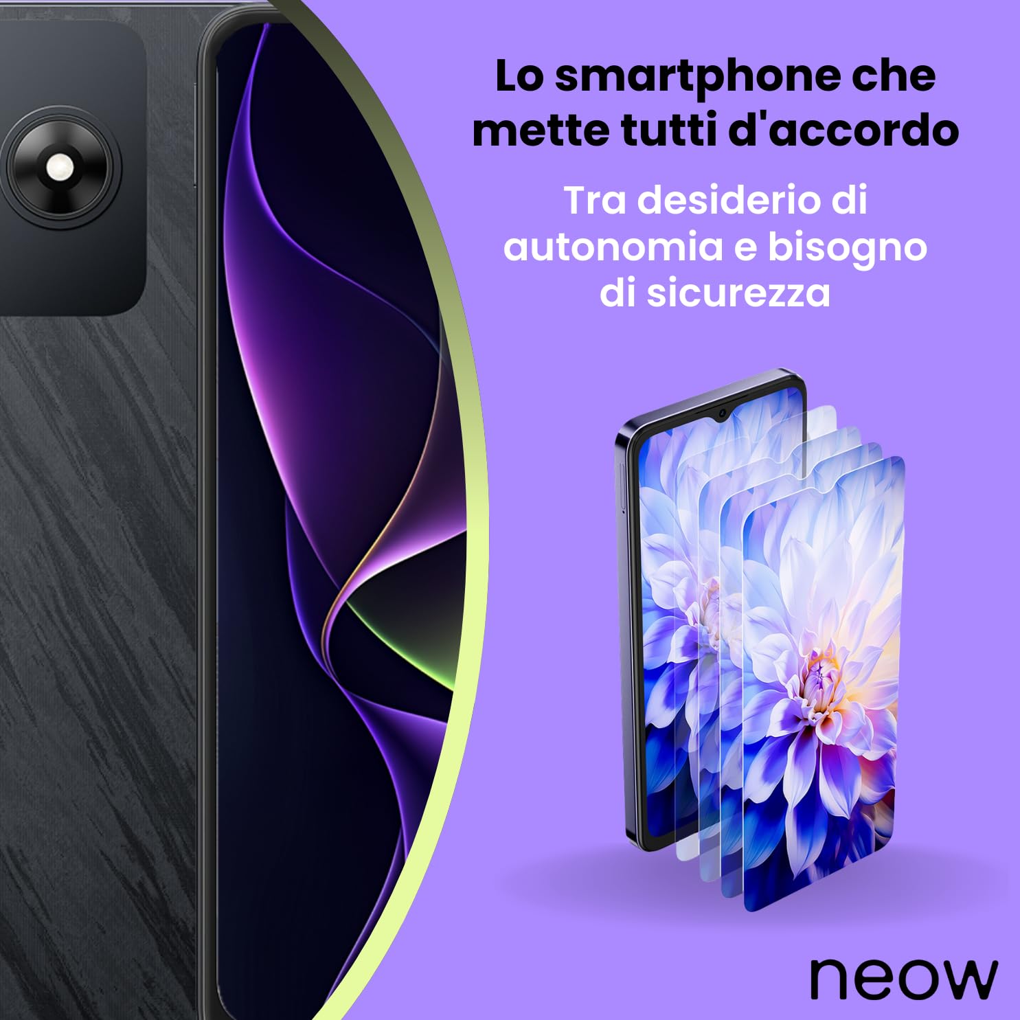 Neow Safe Smartphone Android 14 4G | Schermo HD+ da 6,56" | Smartphone per adolescenti | App scolastiche e divertenti preinstallate | Controllo genitori | Custodia in silicone gratuita (viola)