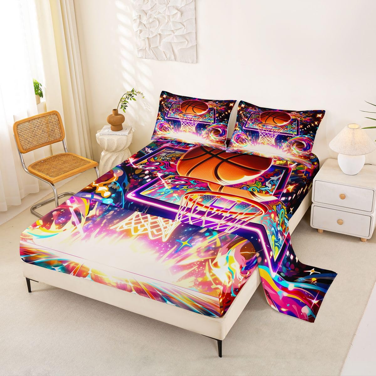 Homewish Neonowe prześcieradła do koszykówki, podwójne, kolorowe, graffiti, zestaw pościeli, fajny zestaw pościeli do koszykówki, sport, piłka dla graczy, dopasowane, płaskie prześcieradła, 4 sztuki