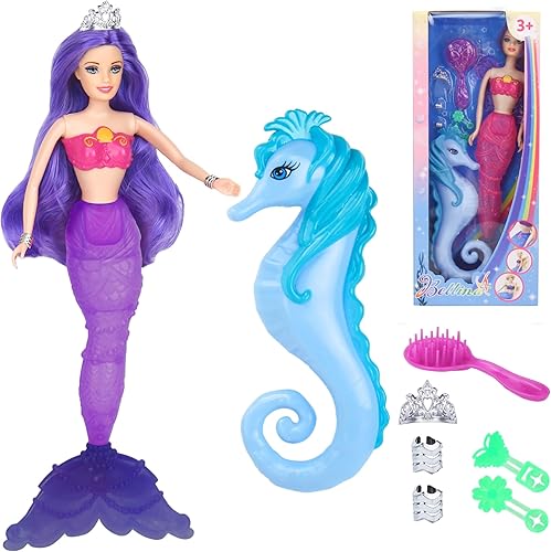 Juego de muñeca de princesa sirena y caballito de mar que cambian de color, juguete de sirena de 13.4 pulgadas que cambia de color por encima de 82