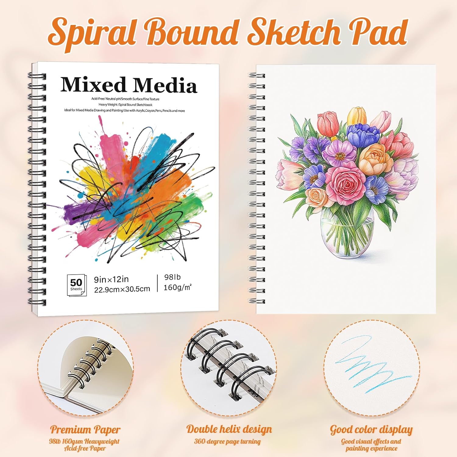 4 Pack Mixed Media Sketchbook 9×12 in, 160gsm Sketch Pads for Drawing