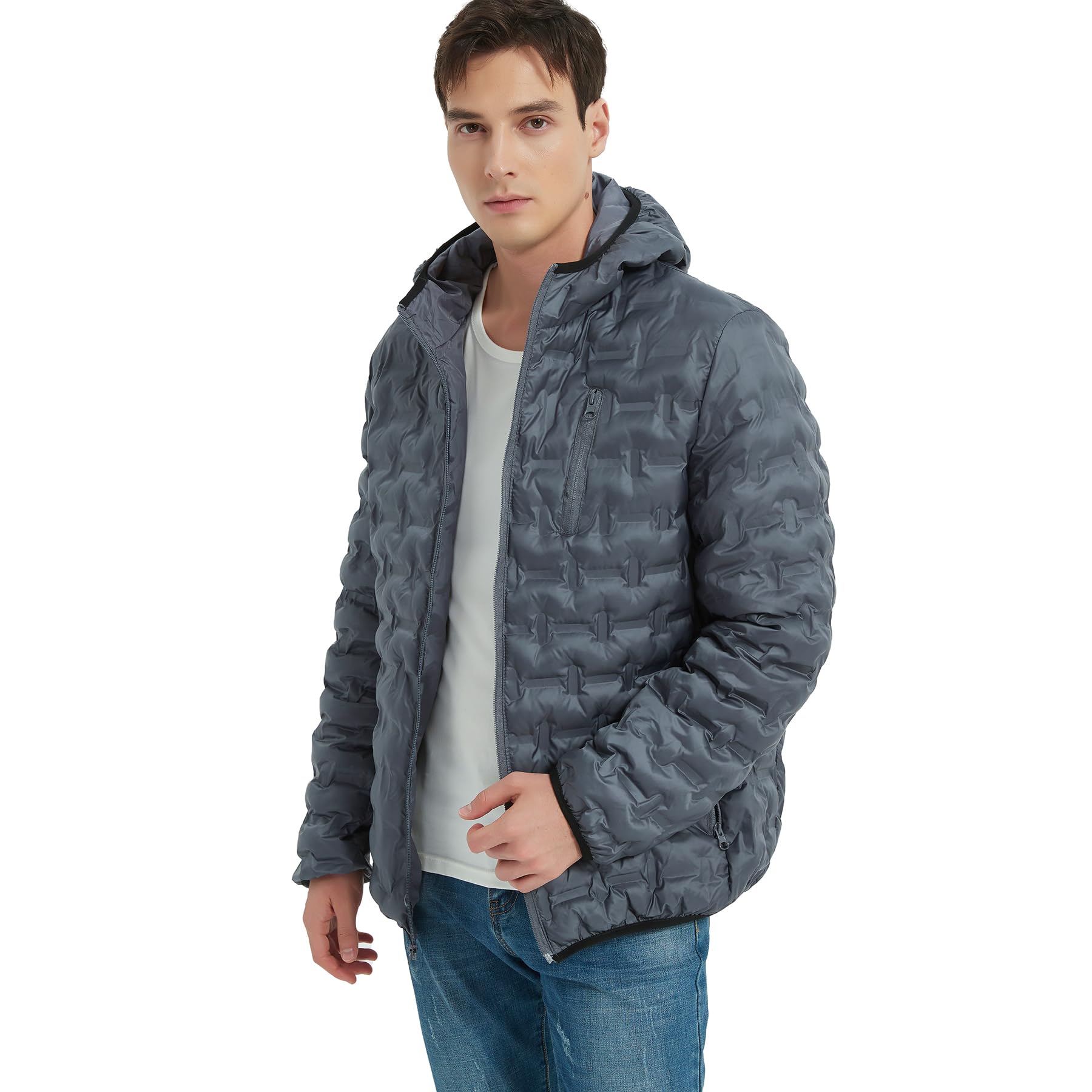 Men's Lightweight Puffer Jacket Hooded Full Zip Packable Warm Winter Coats for Travel Running Hiking 2025