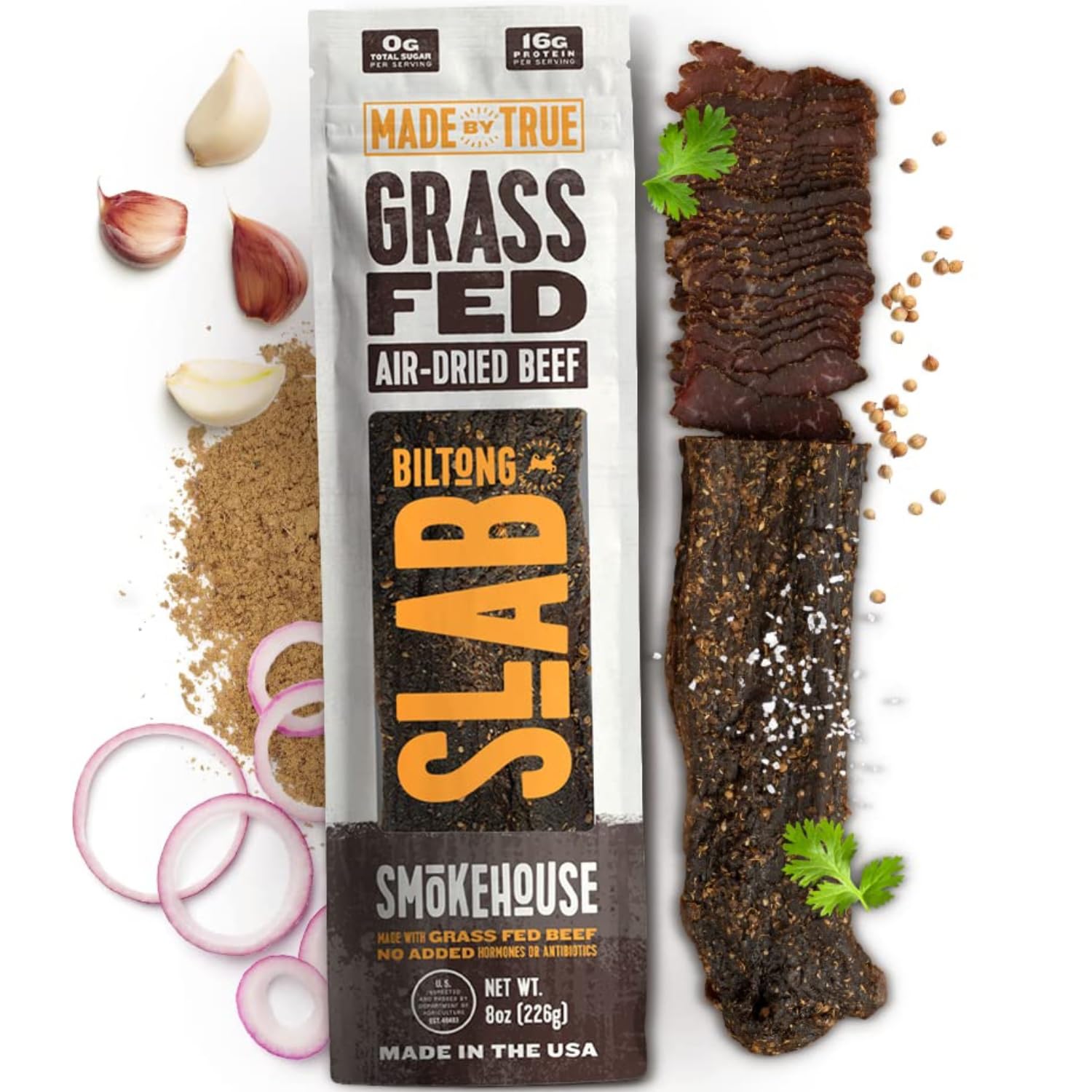 Made by True Smokehouse Biltong Slab - Premium Grass-Fed Beef Jerky Slab (8 oz, Pack of 1) - High-Protein Smoky Keto Snack, Natural & Gluten-Free, Antibiotic-Free, Zero Carb, Uncut Charcuterie Slab