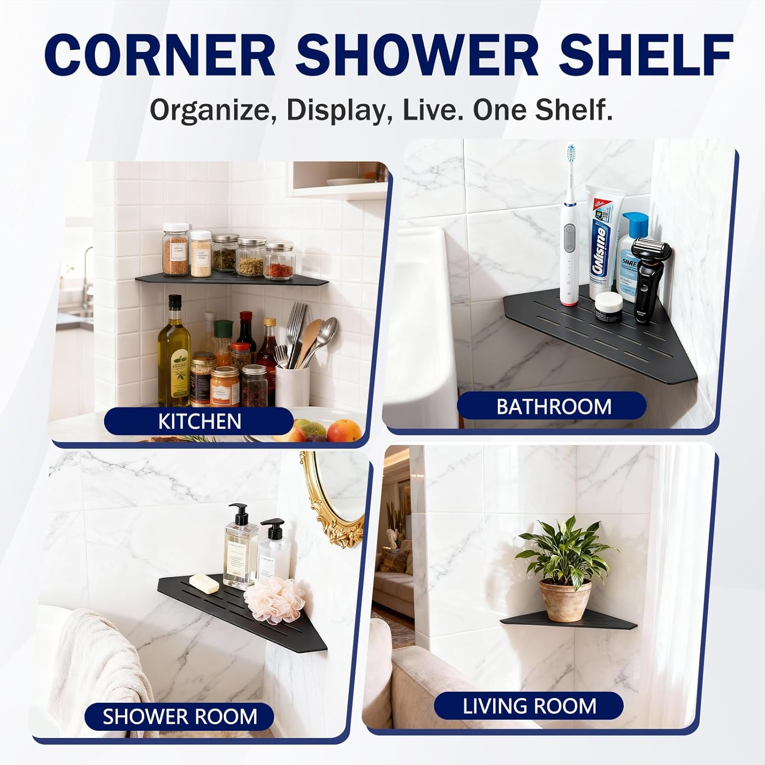 10" Corner Shower Shelf 2 Pcs Matte Black 304 Stainless Steel Diamond Heavy Duty Floating Corner Shelves Slot Design Recessed Bathroom Shower Shelf for 90° Tiled Wall, No Drilling Needed