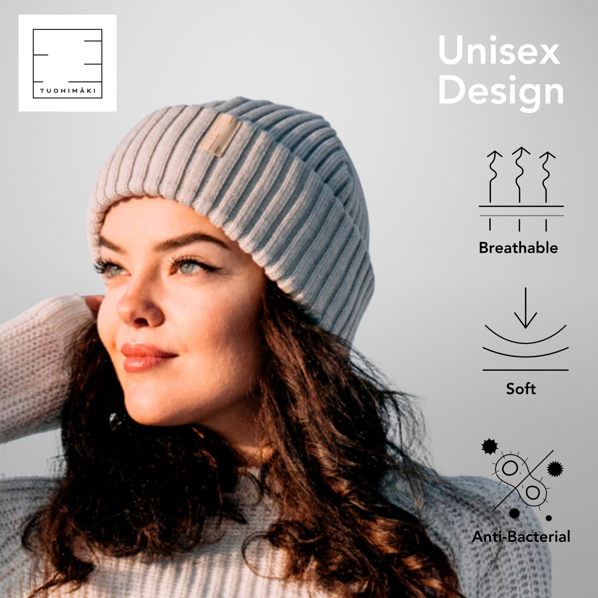 Gorro de lana merino para hombre y mujer, 100 % lana merino extrafina, fabricado en Finlandia, gris, talla única, perfecto para días fríos, gorro de invierno para hombre, gorro de punto de merino